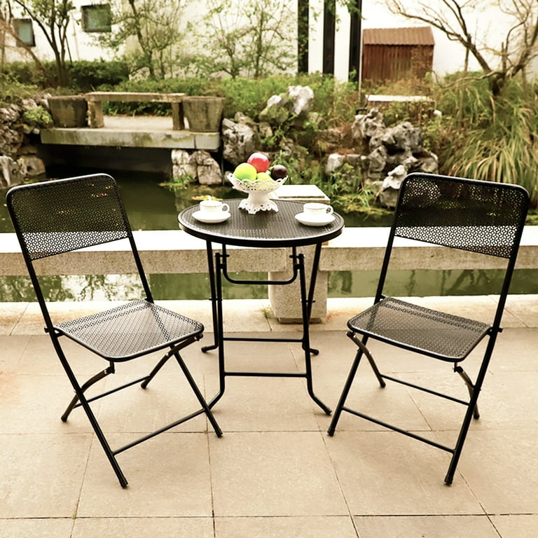 3 Piece Patio Bistro Set Metal Folding Outdoor Patio Furniture Sets Stainless Steel Patio Conversation Set with Folding Patio Round Table Chairs for Yard Garden Balcony No Assembly Required Black Walm...