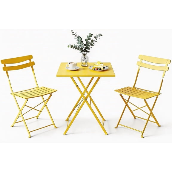 3-Piece Patio Bistro Set – Metal Frame Folding Patio Furniture, Outdoor/Indoor Bistro Table and Chairs Set, No Assembly Needed, for Balcony, Yard, Garden, Yellow