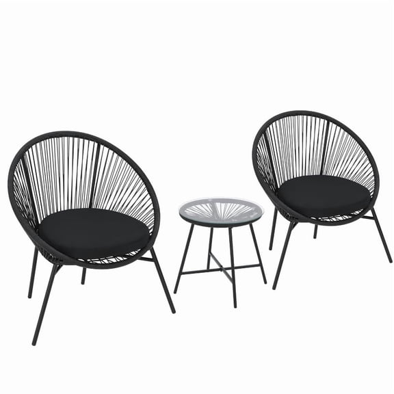3 Piece Patio Bistro Set, Outdoor Acapulco Chairs with Glass Top Side Table All Weather Modern Patio Furniture Set for Balcony Porch Poolside, Black