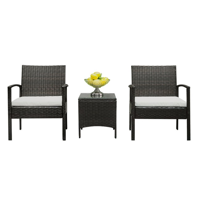 3 Piece Patio Bistro Set, Outdoor All Weather Wicker Furniture Set, Conversation Chairs Set with Cushions and coffee Table, for Yard, Garden, Pool, D5904