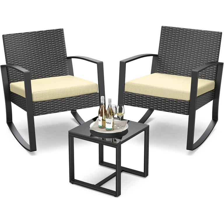 3 Piece Patio Bistro Set Outdoor Furniture Rocking Chair Set with Glass Table Beige Cushion