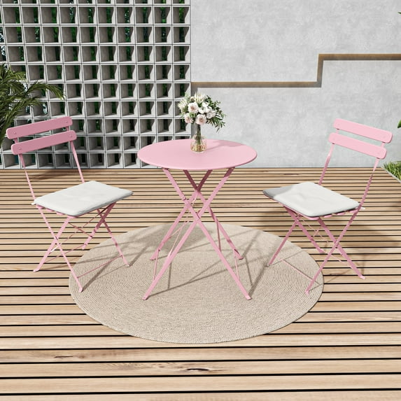 3-Piece Patio Bistro Set Outdoor Furniture Set Folding Bistro Table and Chairs with Premium Steel Frame Weather Resistant Conversation Set for Bistro Balcony Porch Yard Garden(pink with cushion)
