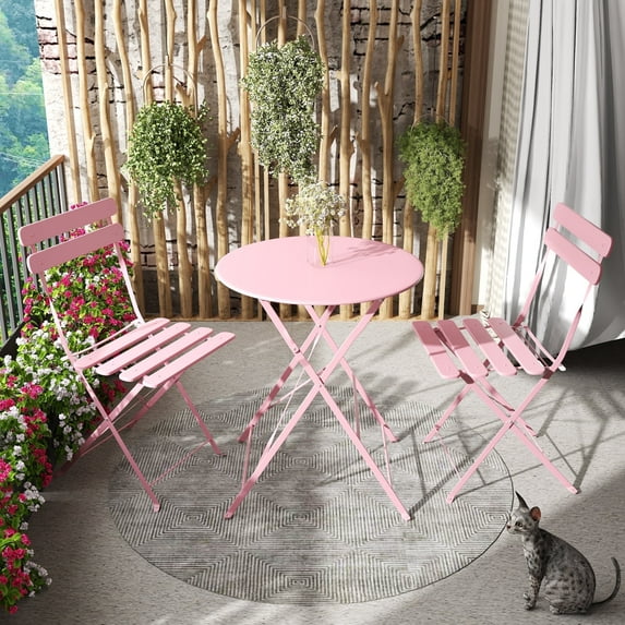 3-Piece Patio Bistro Set Outdoor Furniture Set Folding Bistro Table and Chairs with Premium Steel Frame Weather Resistant Conversation Set for Bistro Balcony Porch Yard Garden(pink with cushion)