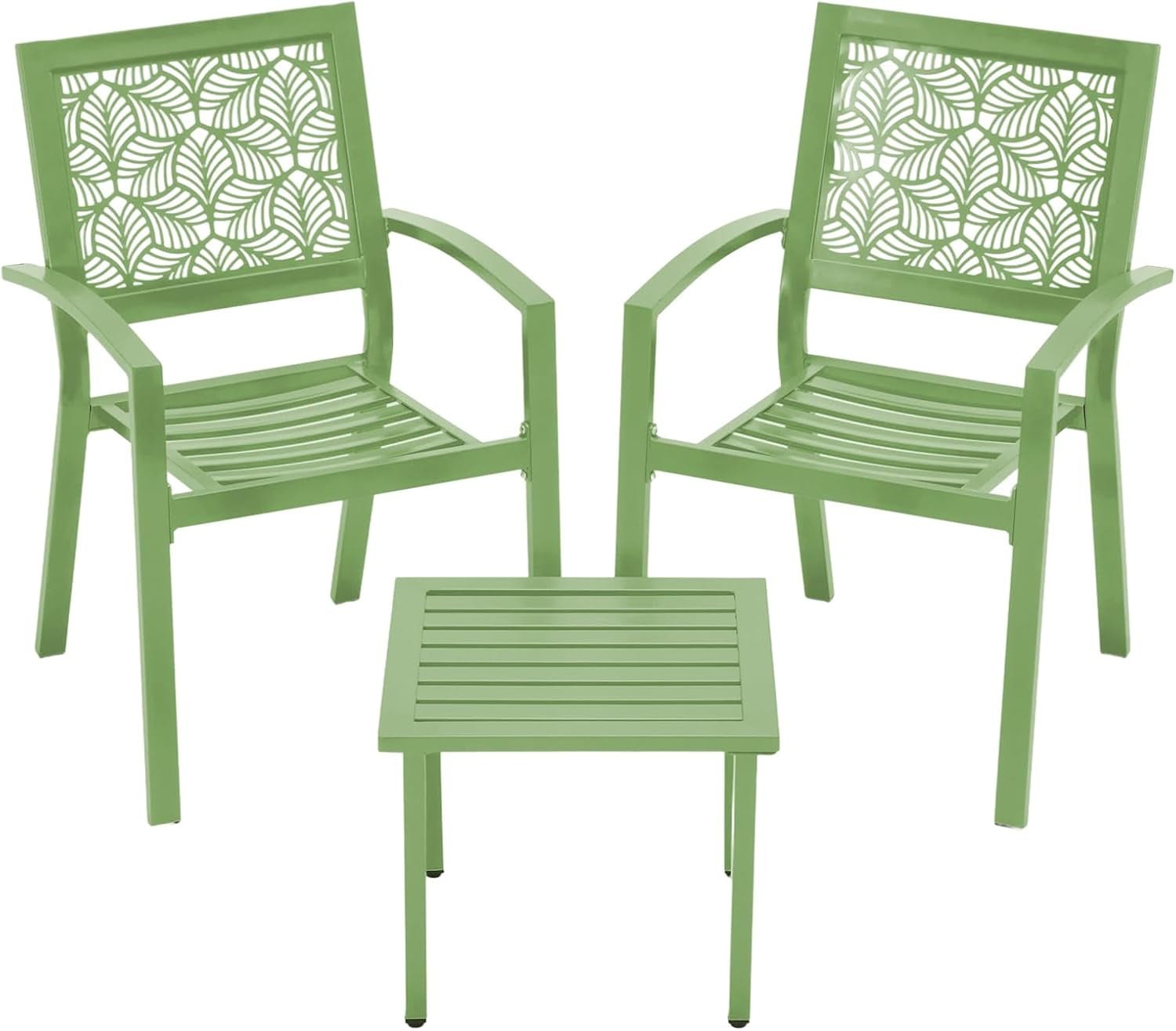 3 Piece Patio Bistro Set, Outdoor Steel Furniture Set, Stackable Modern Conversation Sets for Balcony Garden Deck Patio w/2 Chairs 1 Table, Sauge Green