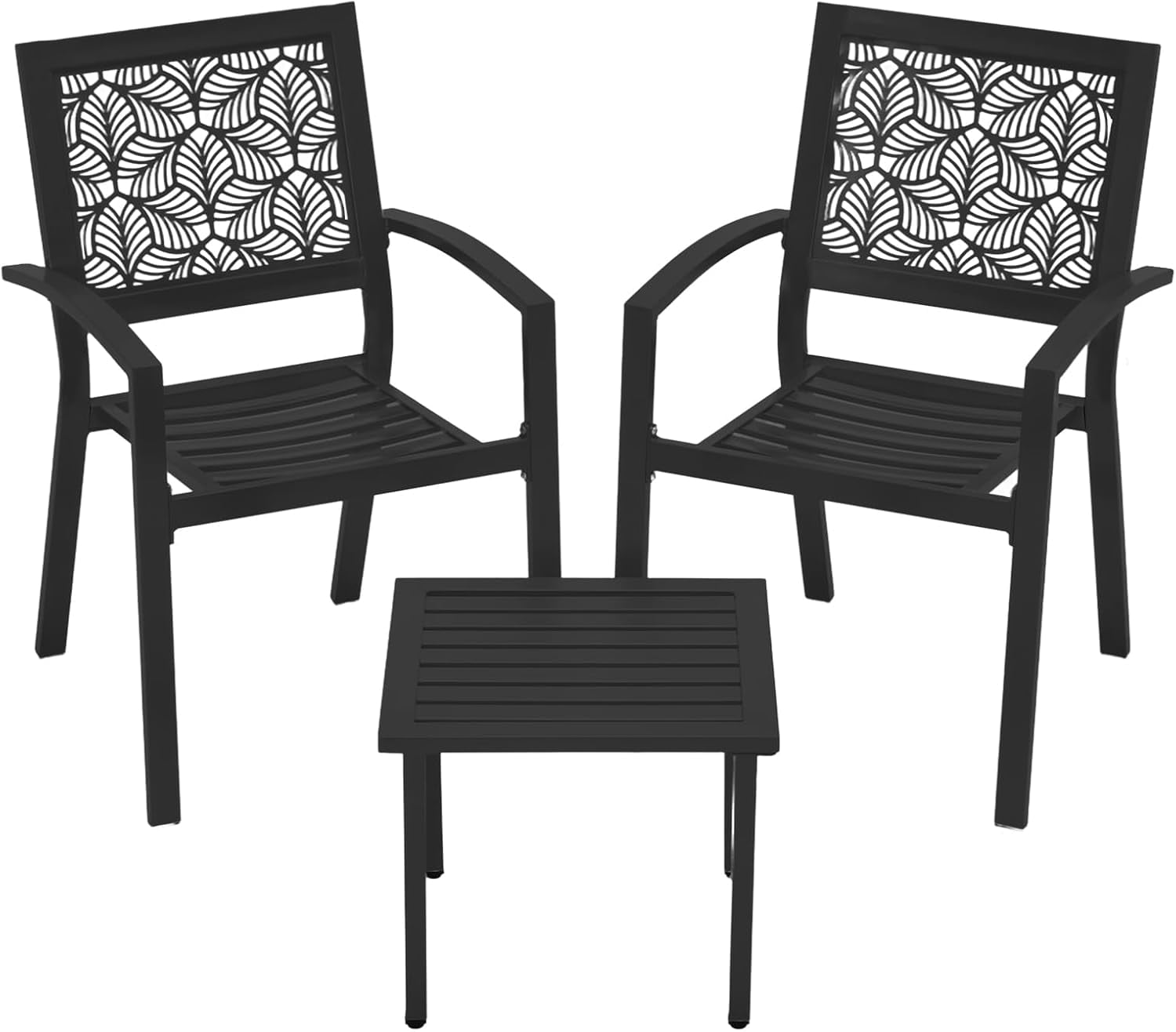 3 Piece Patio Bistro Set, Outdoor Steel Furniture Set, Stackable Modern Conversation Sets for Balcony Garden Deck Patio w/2 Chairs 1 Table, Black