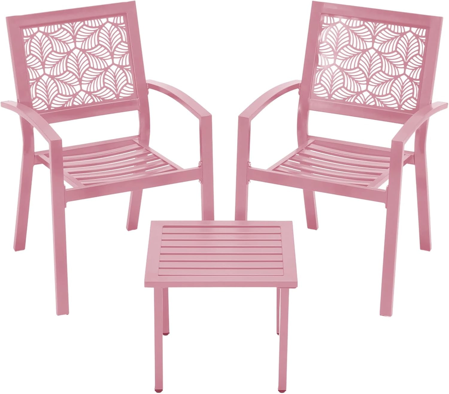 3 Piece Patio Bistro Set, Outdoor Steel Furniture Set, Stackable Modern Conversation Sets for Balcony Garden Deck Patio w/2 Chairs 1 Table, Pink