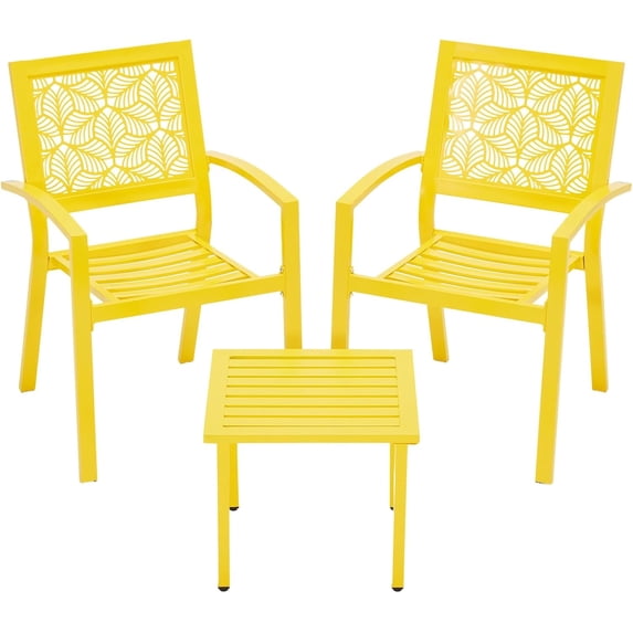 3 Piece Patio Bistro Set, Outdoor Steel Furniture Set, Stackable Modern Conversation Sets for Balcony Garden Deck Patio w/2 Chairs 1 Table, Yellow