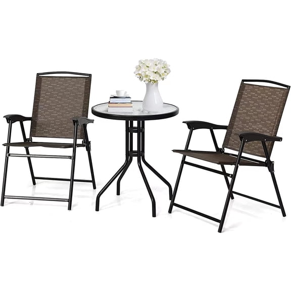 3 Piece Patio Bistro Set, Outdoor Table and Chairs Set, 2 Folding Chairs & Coffee Table w/Textured Glass Tabletop, Small Patio Furniture Set for Balcony, Front Porch, Backyard & Garden