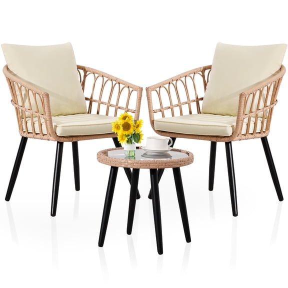 3 Piece Patio Bistro Set,All Weather Rattan Wicker Table & 2 Chairs, Beige Outdoor Balcony Furniture for Porch, Backyard, Lawn, Poolside Deck