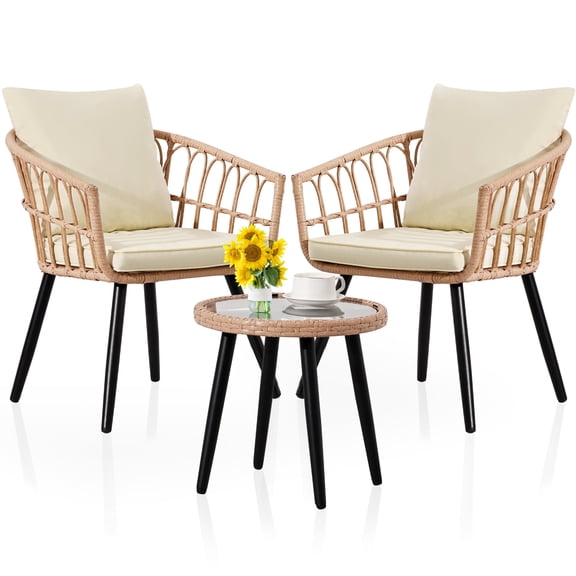 3 Piece Patio Bistro Set,All Weather Rattan Wicker Table & 2 Chairs, Beige Outdoor Balcony Furniture for Porch, Backyard, Lawn, Poolside Deck