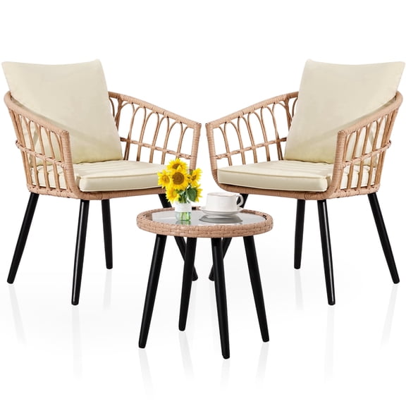 3‑Piece Patio Bistro Set, All‑Weather Rattan Wicker Table and 2 Chairs, Beige Outdoor Furniture for Yard, Porch, Balcony, Poolside