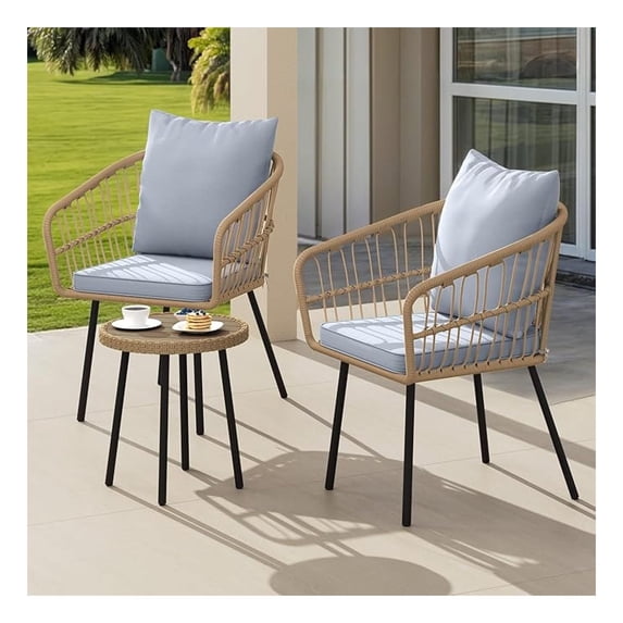3 Piece Patio Bistro Set, Outdoor Wicker Furniture with Coffee Table - Rattan Conversation Set for Yard, Balcony, Porch - Grey
