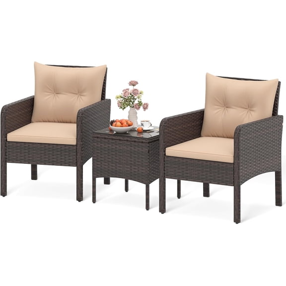 3 Piece Patio Bistro Set Rattan Wicker Outdoor Conversation Set with Cushions and Coffee Table, Outside Furniture with Rattan Chairs for Porch, Balcony, Deck and Garden (Beige)