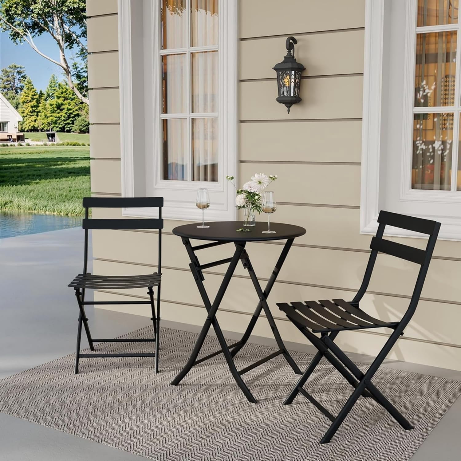 3-Piece Patio Bistro Set with Round Table & 2 Folding Chairs, Compact ...