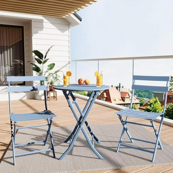 3-Piece Patio Bistro Set with Round Table & 2 Folding Chairs, Compact Outdoor Patio Set with Weather-Resistant Steel Frame for Balcony, Garden, Porch – Space-Saving Design