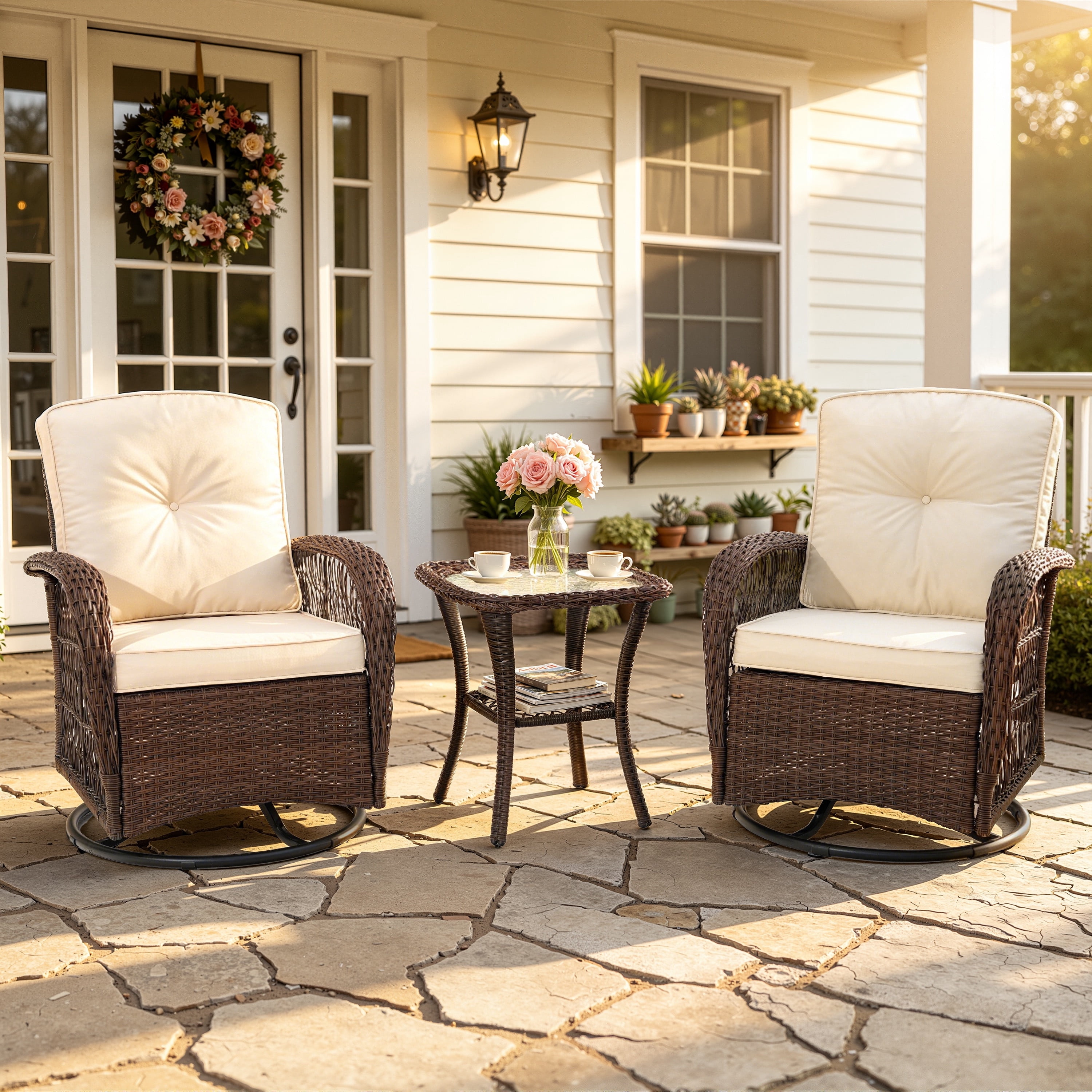 3 Piece Patio Bistro Set with Table and 360° Rocking Swivel Chairs, Outdoor Swivel Rocker Chairs Set, Patio Furniture Sets Suitable for Yard, Backyard, Balcony, Garden and Poolside - Beige