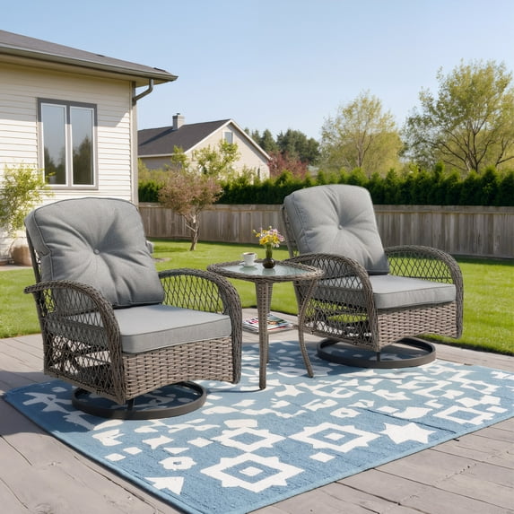 3 Piece Patio Bistro Set with Table and 360° Rocking Swivel Chairs, Outdoor Swivel Rocker Chairs Set, Patio Furniture Sets Suitable for Yard Backyard Balcony Garden and Poolside - Gray