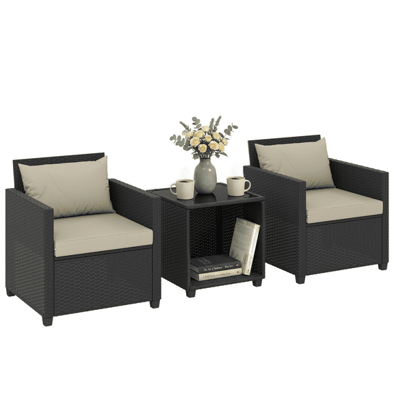 3 Piece Patio Bistro Set, Wicker Furniture Set with Cushions, Outdoor Table & Chairs for Small Spaces, Beige Rattan