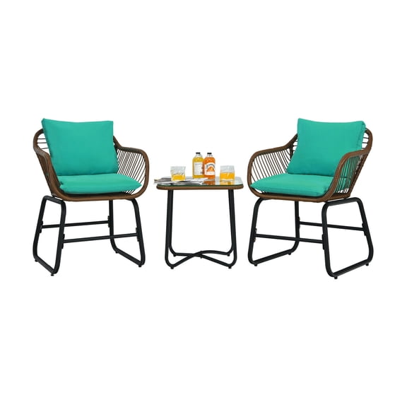 3 Piece Patio Bistro Set with Cushions and Glass Coffee Table, Outdoor Wicker Bistro Furniture
