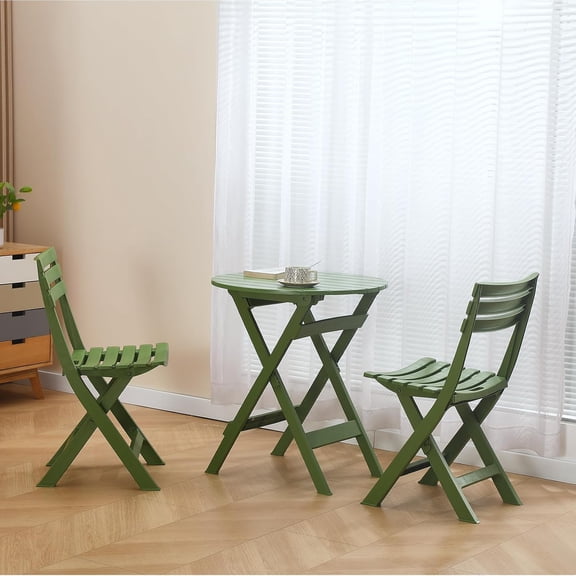 3 Piece Patio Bistro Sets, Green, Foldable Patio Set, Bistro Table and Chairs, 2 Plastics Folding Chairs and Round Table for Outdoor Balcony, Porch, Lawn, Garden, Patio