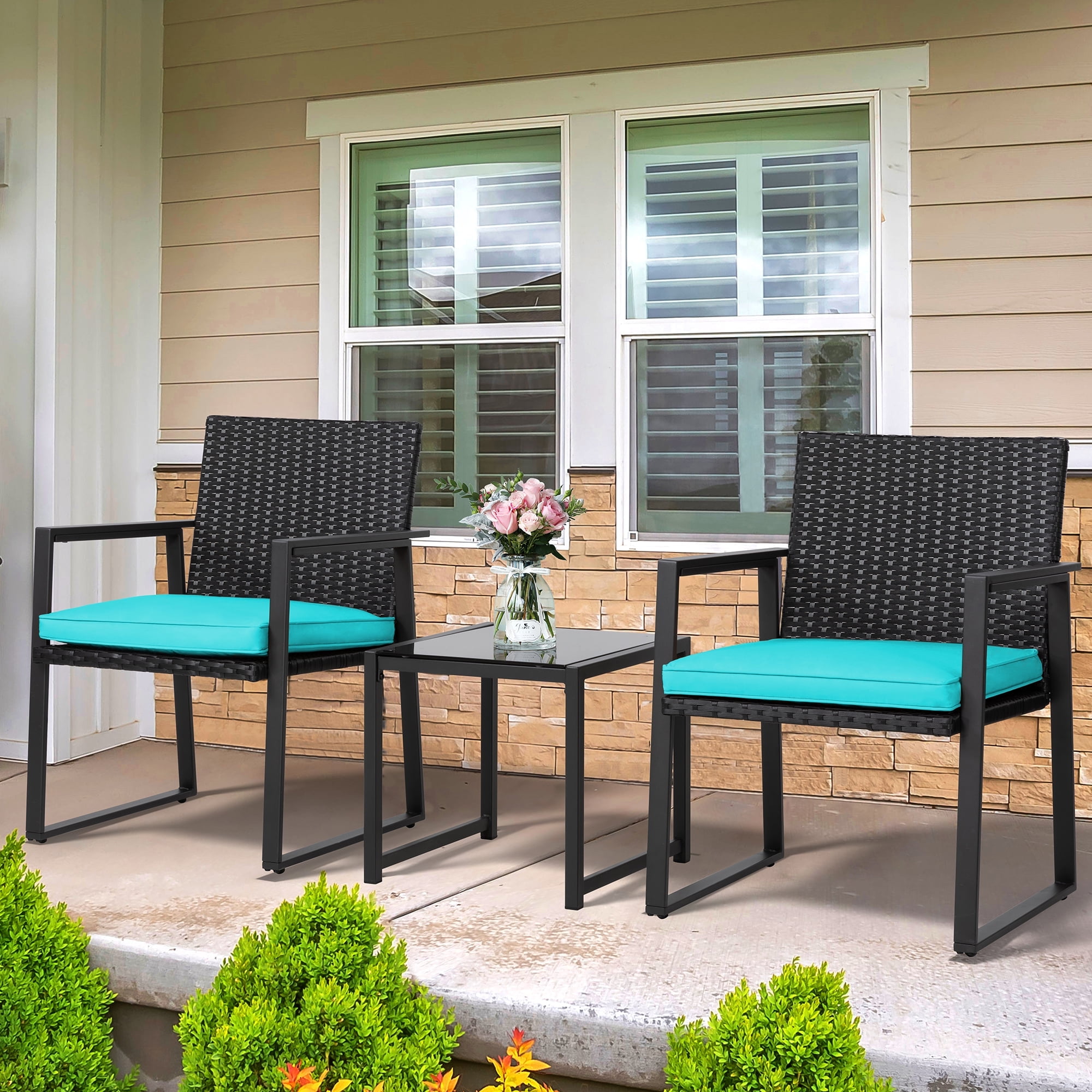 Walsunny Outdoor Patio Bistro 3-Piece Balcony Furniture Sets with 1 Outdoor Bistro Glass Table Bistro Wicker Chairs Set of 2 Blue