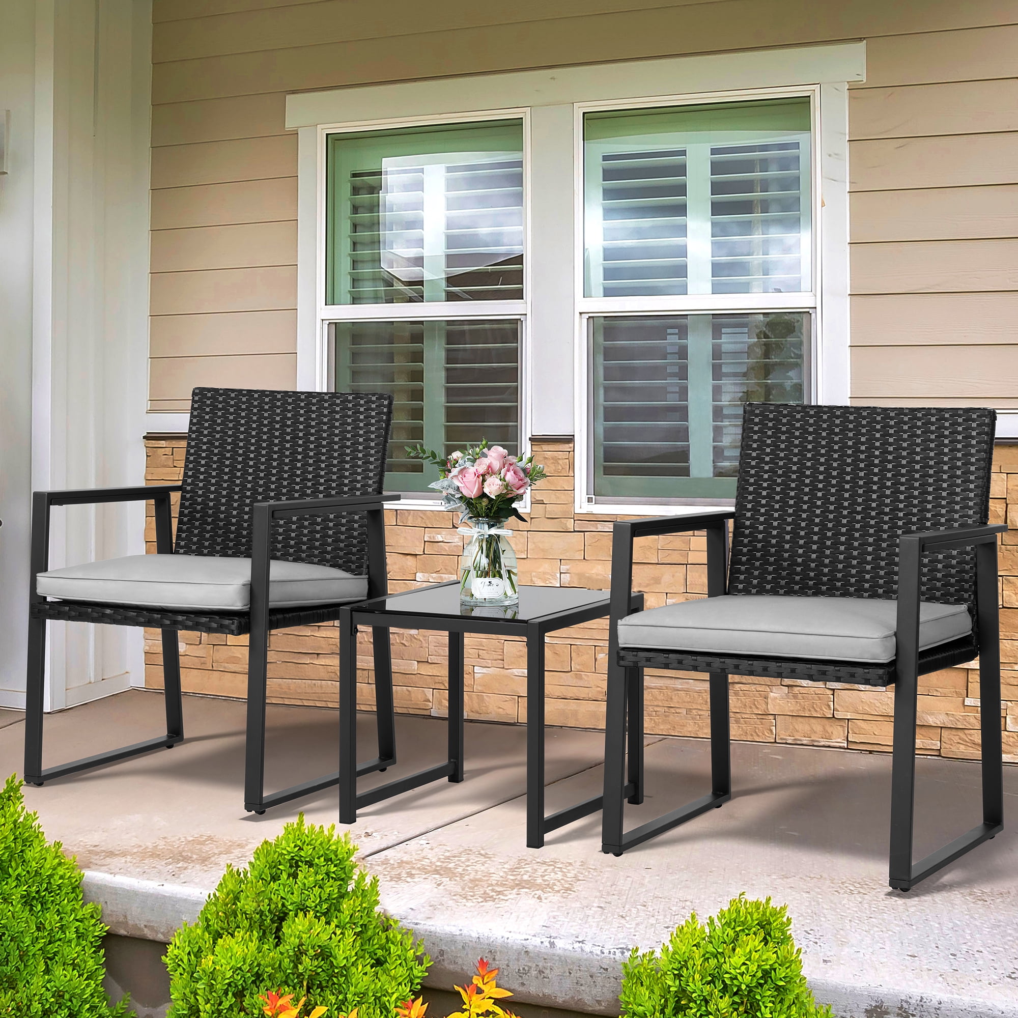Walmart 3-Piece Balcony Patio Set, Outdoor Rattan Chairs & Black Wicker ...
