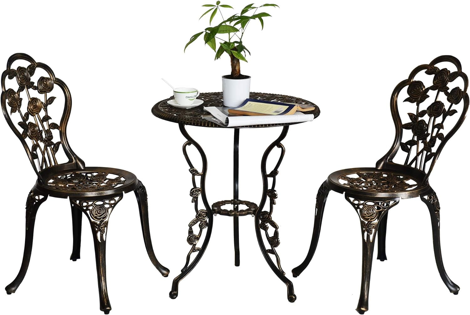 3 Piece Patio Bistro Table Set, Outdoor Stylish Rose Flower Bistro Set with Umbrella Hole, Small ...
