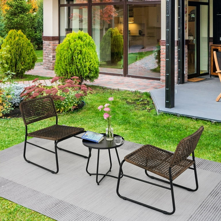 3 Piece Patio Chairs Set Steel Frame Wicker Patio Conversation Furniture Sets Front Porch Furniture Outdoor Chairs Set with Round Table for Backyard