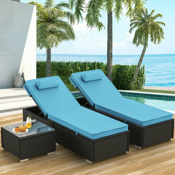 3 Piece Patio Chaise Lounge Chair Set, Rattan Chaise Lounges with Table, Sun Chaise Lounge Furniture Set with Removable Cushion, Tanning Lounge Chair with 6 Adjustable Positions for Pool Deck