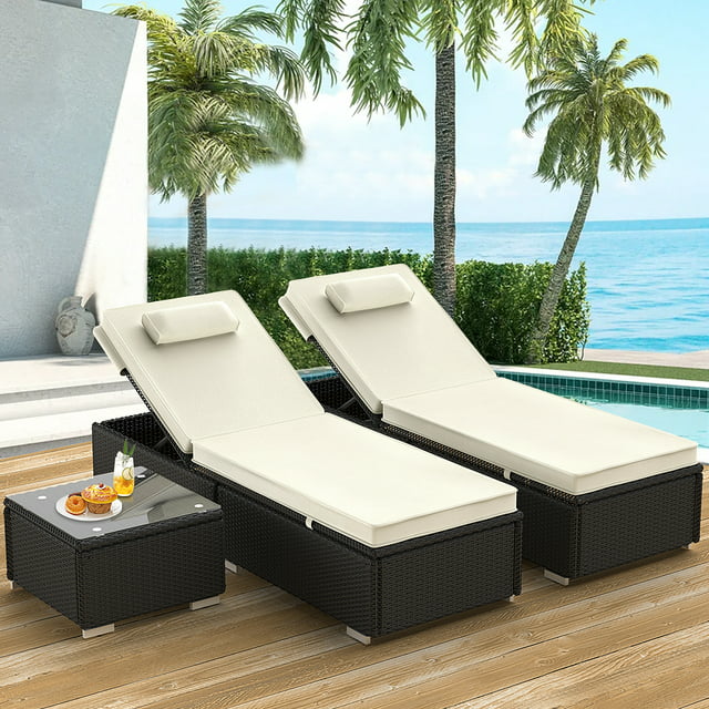 3 Piece Patio Chaise Lounge Furniture Set with Coffee Table, 6-Position Adjustable Cushioned Rattan Chaise with Table, PE Rattan Backrest Lounge Chairs Set for Pool Balcony Deck Yard Garden, B24