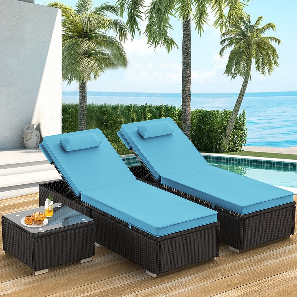 3 Piece Patio Chaise Lounge Furniture Set with Coffee Table 6 Position Adjustable Cushioned Rattan Chaise with Table PE Rattan Backrest Lounge