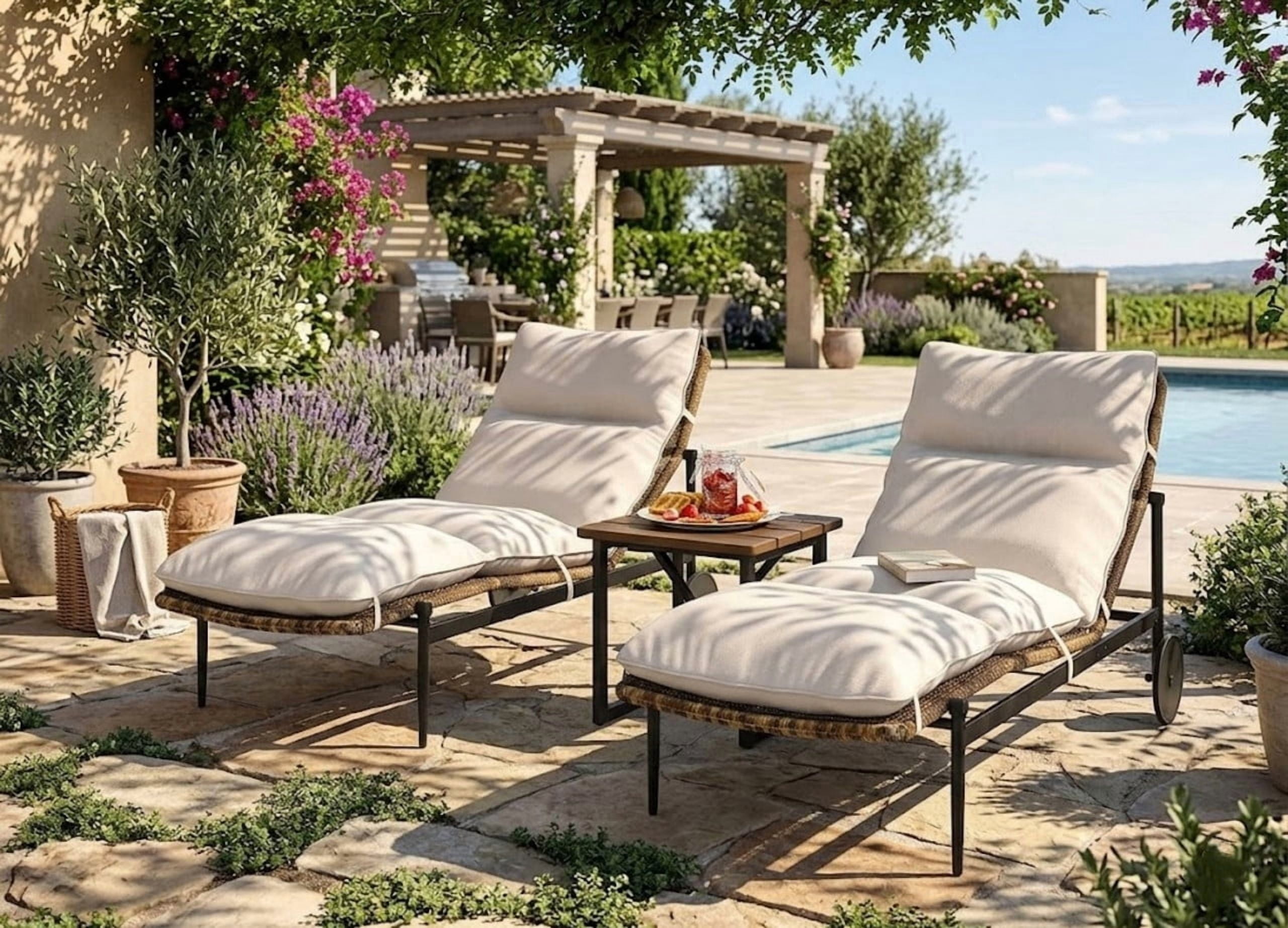 3-Piece Patio Chaise Lounge Set,Double Outdoor Lounge Chairs with 1 Side Table, Outdoor Conversation Set for Pool Deck Porch