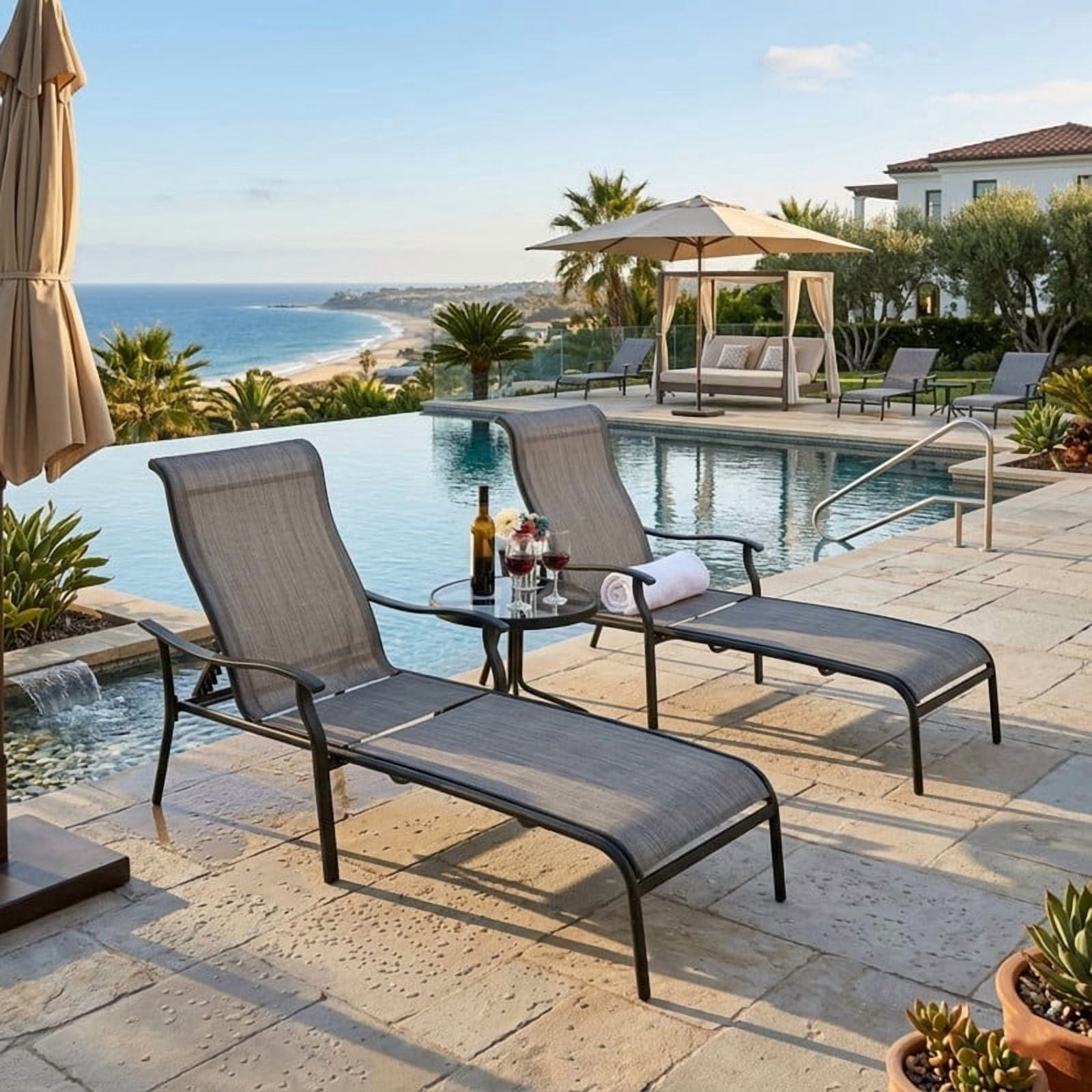 3-Piece Patio Chaise Lounge Set, Double Patio Lounge Chair with Glass Coffee Table, Patio Converstaion Set for Poolside Backyard