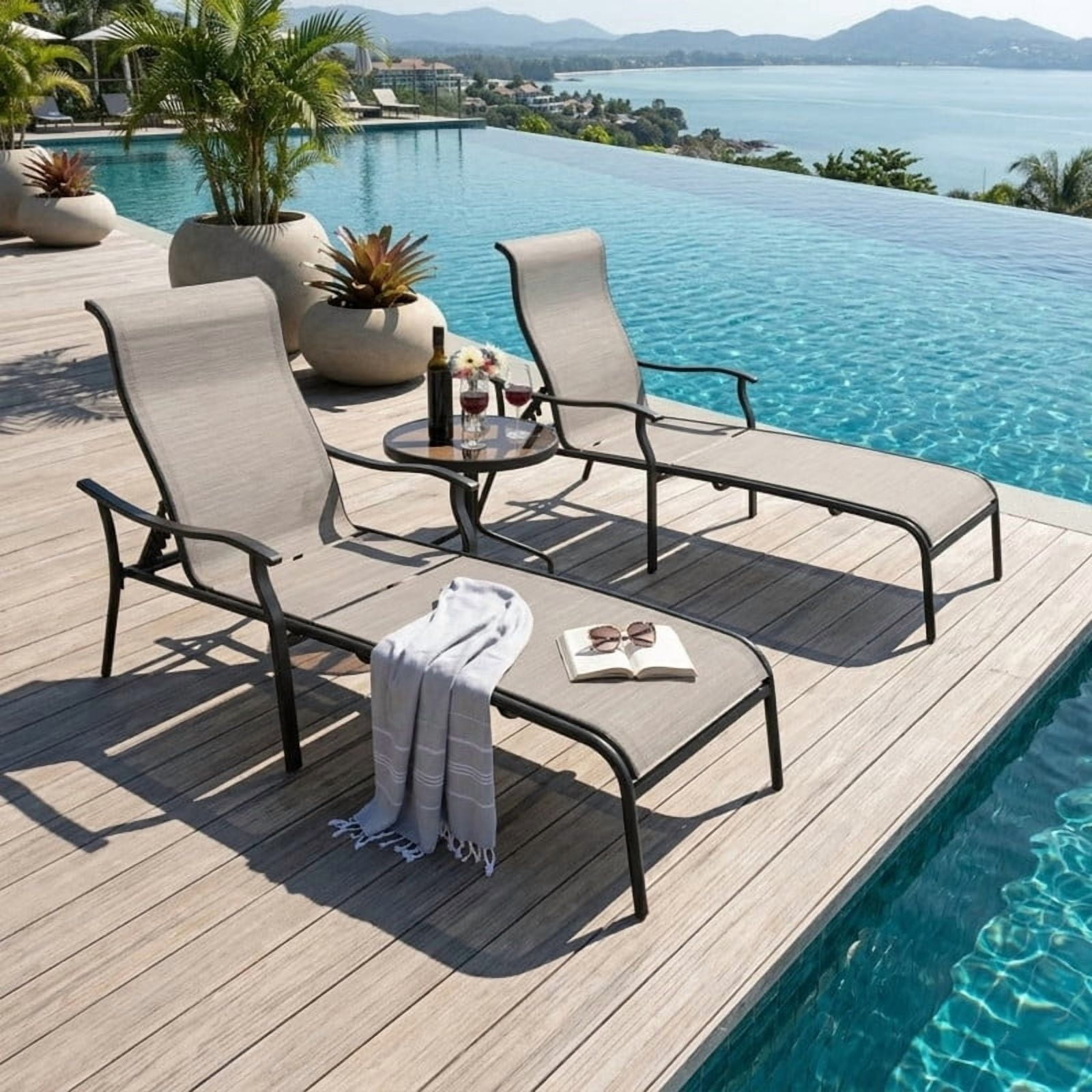 3-Piece Patio Chaise Lounge Set, Double Patio Lounge Chair with Glass Coffee Table, Patio Converstaion Set for Poolside Backyard