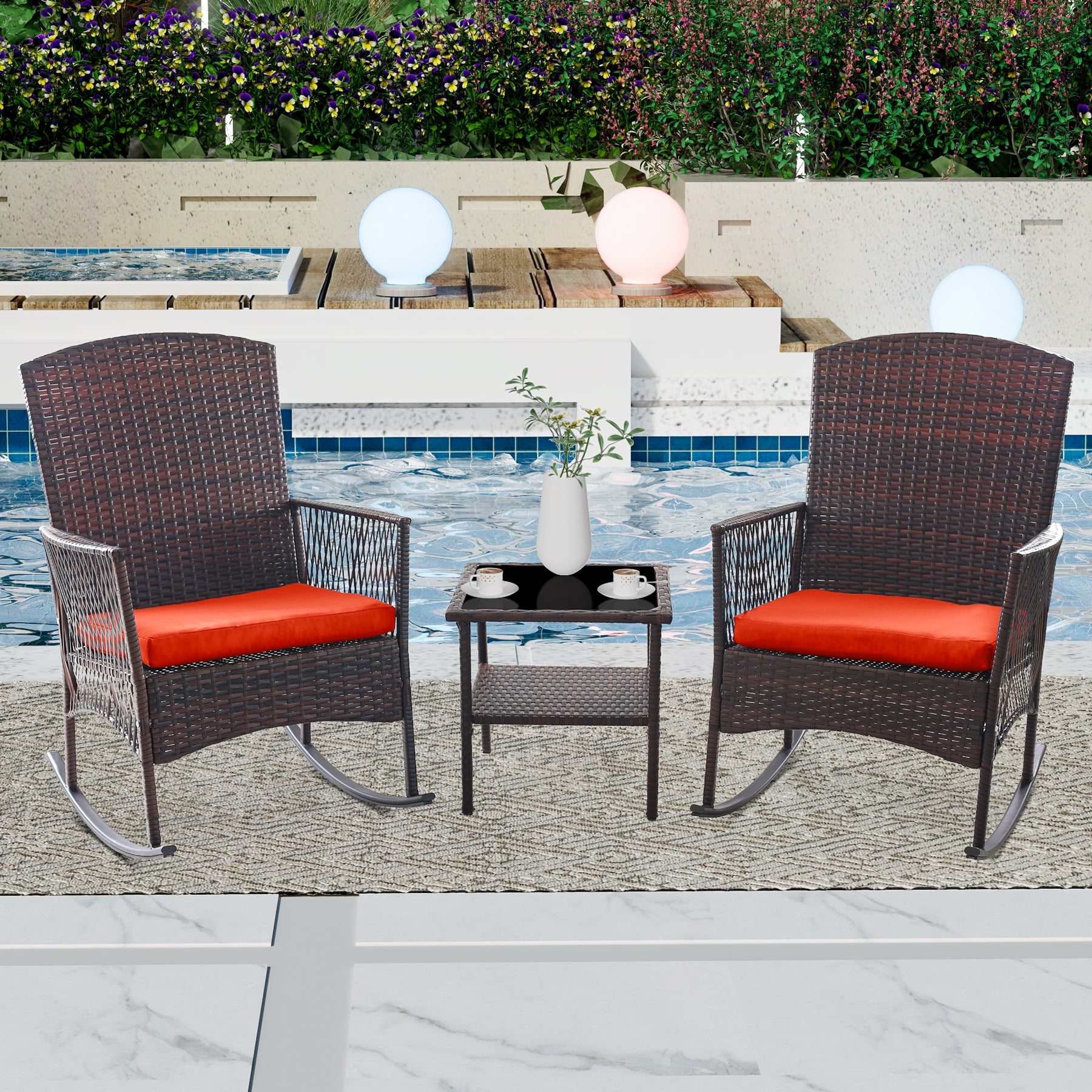 3 Piece Patio Conversation Set, Outdoor Rocking Chairs Set of 2 with ...
