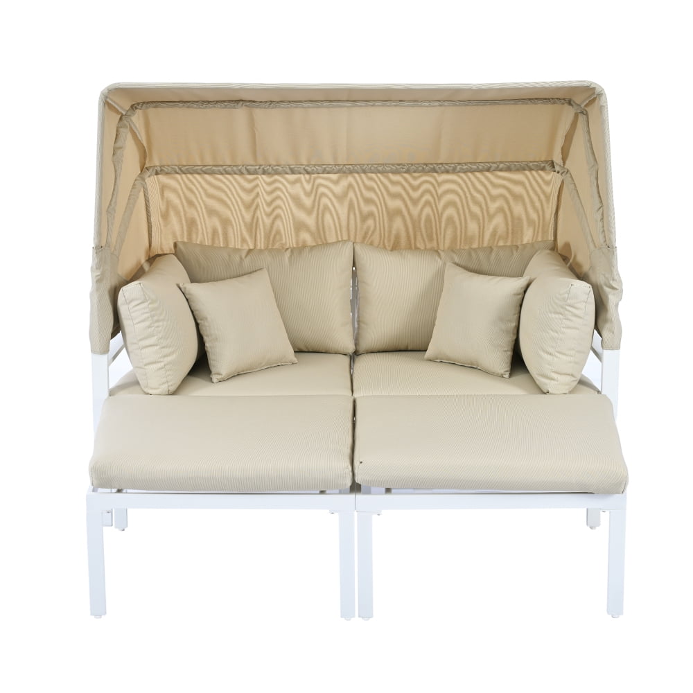 Beige Metal Two-Seat Sectional with Retractable Canopy