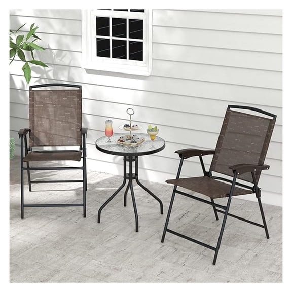 3-Piece Patio Dining Set, Steel Bistro Table and Chairs Set of 2 w/Folding Chairs & Tempered Glass Table, Indoor/Outdoor Conversation Furniture Set for Porch, Balcony, Garden, Poolside