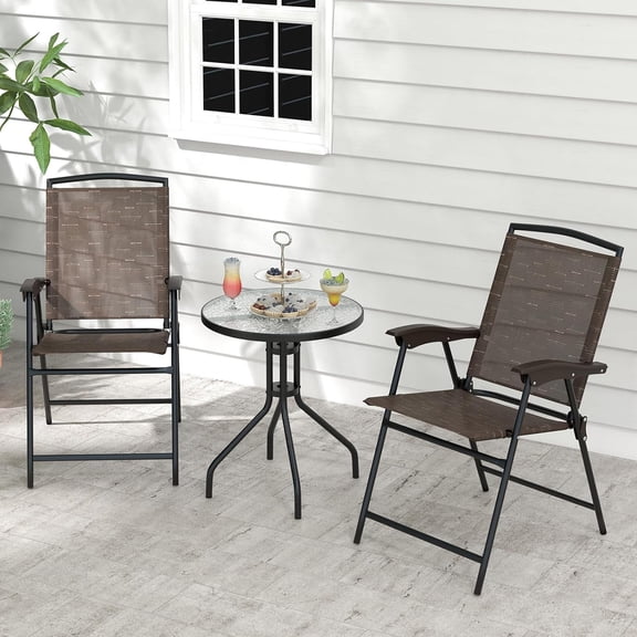 3-Piece Patio Dining Set, Steel Bistro Table and Chairs Set of 2 w/Folding Chairs & Tempered Glass Table, Indoor/Outdoor Conversation Furniture Set for Porch, Balcony, Garden, Poolside