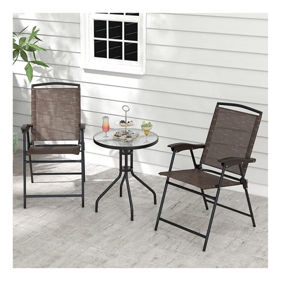 3-Piece Patio Dining Set, Steel Bistro Table and Chairs Set of 2 w/Folding Chairs & Tempered Glass Table, Indoor/Outdoor Conversation Furniture Set for Porch, Balcony, Garden, Poolside