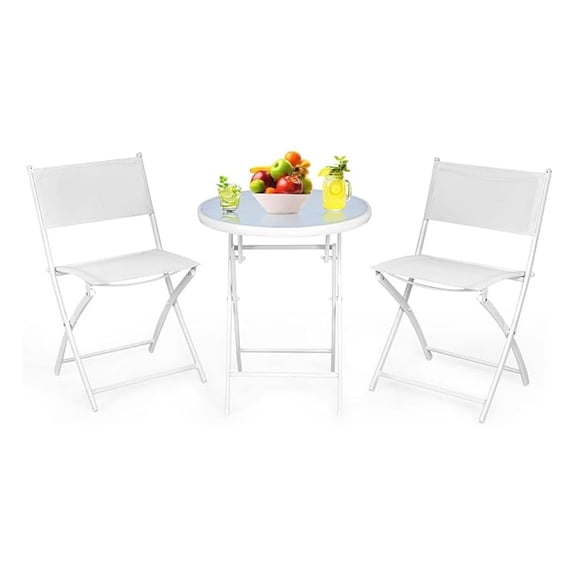 3 Piece Patio Folding Bistro Set, Outdoor Foldable Chair & Table Set with Breathable Fabric, Tempered Glass , Small Conversation Furniture Set for Porch Balcony Poolside Yard