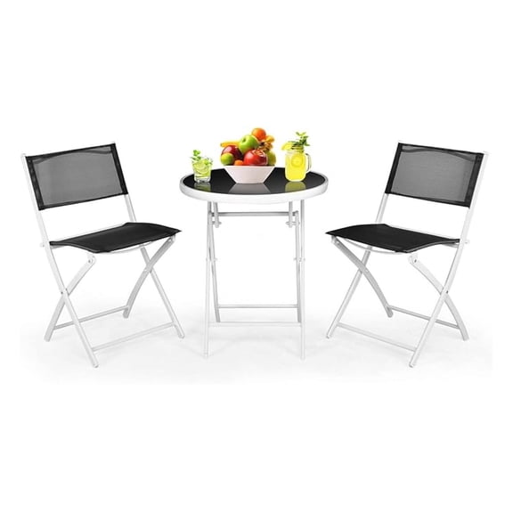 3-Piece Patio Folding Bistro Set, Outdoor Foldable Chair & Table Set with Breathable Fabric, Tempered Glass , Small Conversation Furniture Set for Porch Balcony Poolside Yard