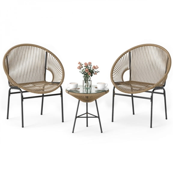 3-Piece Patio Furniture Set 2 Acapulco Chairs with PE Rope & Tempered Glass Side Table Brown