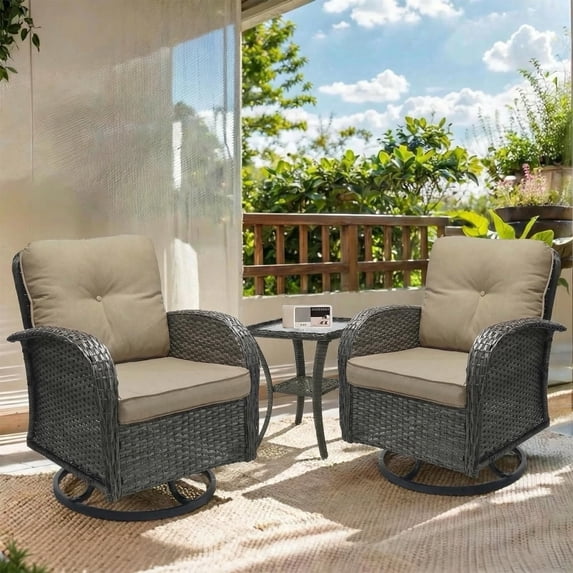 3 Piece Outdoor Patio Furniture Set, 2 Swivel Rocking Chairs with Side Table, All-Weather Brown Rattan Bistro Set with Thick Cushions for Porch, Deck, Poolside