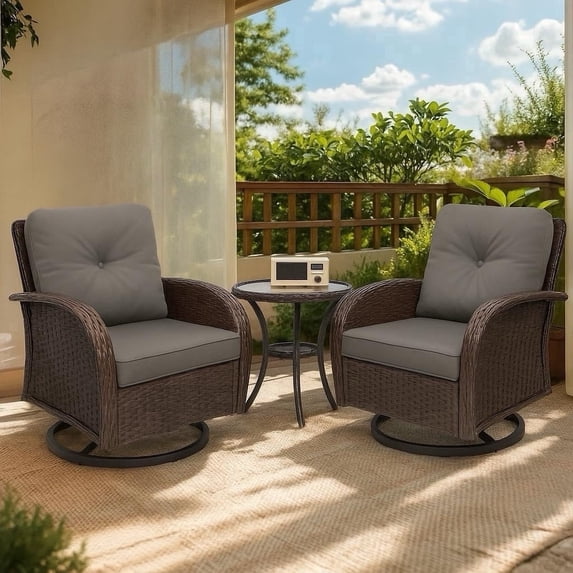 3 Piece Patio Furniture Set, 2 Outdoor Swivel Rocking Chairs with Side Table, Thick Cushions Wicker Glider Chairs, All-Weather Brown Rattan Bistro Set for Porch, Deck, Pool (Gray)