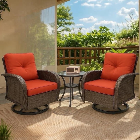 3 Piece Patio Furniture Set, 2 Outdoor Swivel Rocking Chairs with Side Table, Thick Cushions Wicker Glider Chairs, All-Weather Brown Rattan Bistro Set for Porch, Deck, Pool (Red)