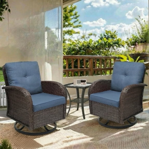 3 Piece Patio Furniture Set, 2 Outdoor Swivel Rocking Chairs with Side Table, Thick Cushions Wicker Glider Chairs, All-Weather Brown Rattan Bistro Set for Porch, Deck, Pool (Blue)