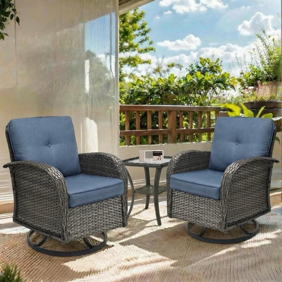 3 Piece Patio Furniture Set, 2 Outdoor Swivel Rocking Chairs with Side Table, Thick Cushions Wicker Glider Chairs, All-Weather Gray Rattan Bistro Set for Porch, Deck, Pool (Blue)