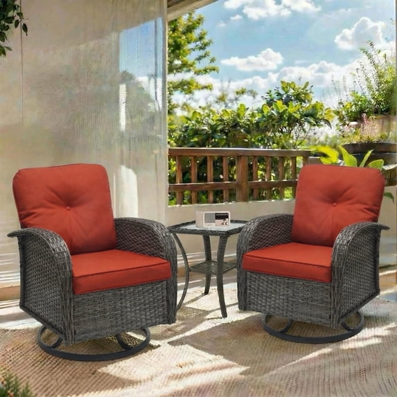 3 Piece Patio Furniture Set, 2 Outdoor Swivel Rocking Chairs with Side Table, Thick Cushions Wicker Glider Chairs, All-Weather Gray Rattan Bistro Set for Porch, Deck, Pool (Red)