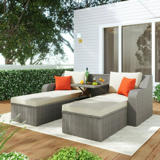 3 Piece Patio Furniture Set with 2 Pillows,Patio Wicker Sofa with Padded Cushions & 2 Removable Ottomans & Lift Top Coffee Table, Thickened PE Rattan Lounge Chair and Ottoman Set,for Yard Garden Porch