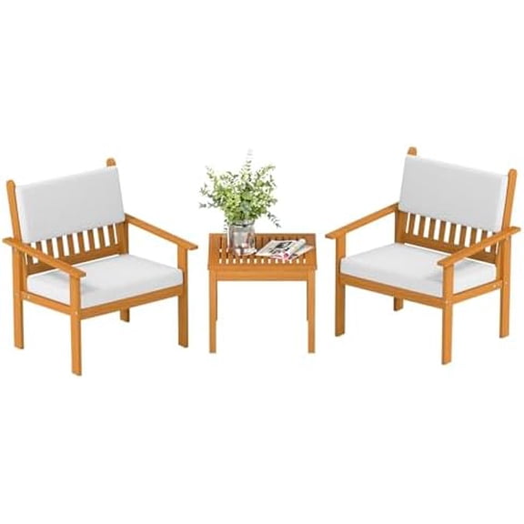 3-Piece Patio Furniture Set Acacia Wood Patio Bistro Set Outdoor Chat Conversation Table Chair Set Wood Chat Set with Water Resistant Cushions and Coffee Table Chairs for Beach Backyard Garden
